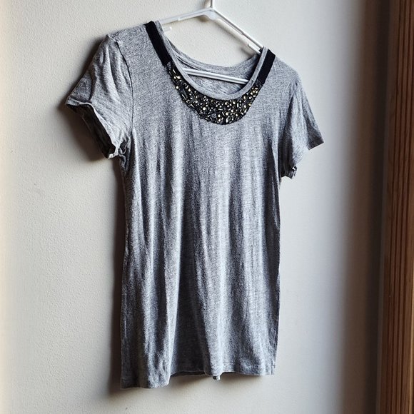 LOFT Gray Short Sleeve Jersey With Jeweled Neckline Size Small - Picture 3 of 15